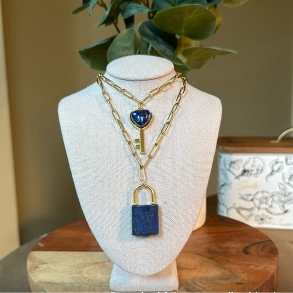 Hand Crafted Jewelry - Lock & Heart Key Charms on Gold Paper Clip Necklaces - New